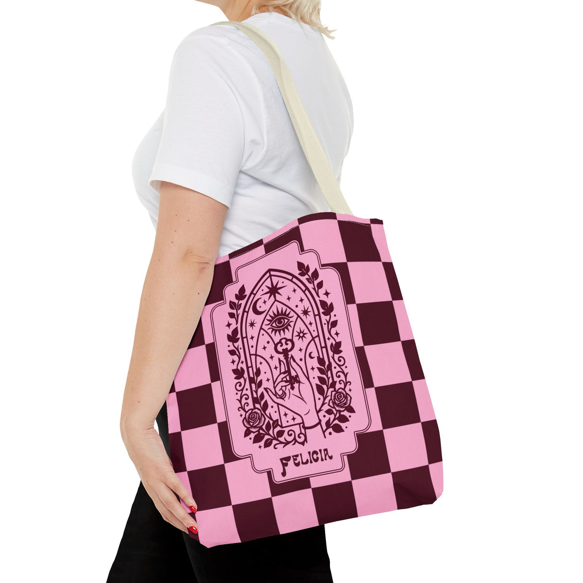 Personalizable Mystic Hand with Key Checkerboard Tote Bag – Pink and Burgundy Retro Goth Carryall