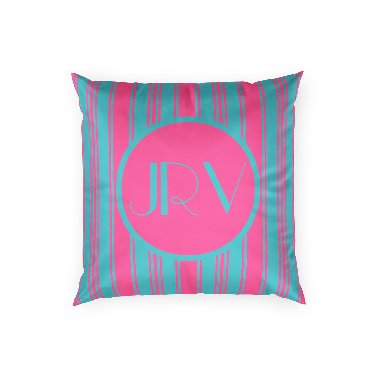 Monogram Velvet Throw Pillow - Bright Pink and Blue Ticking Stripe Decorative Pillow