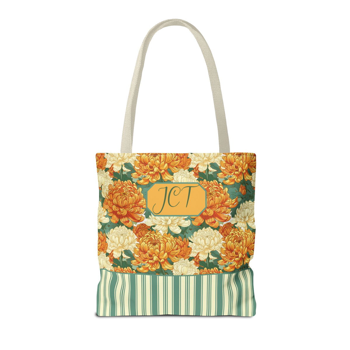 Personalizable Vintage Floral Stripe Tote Bag – Cream and Orange Chrysanthemums Tote