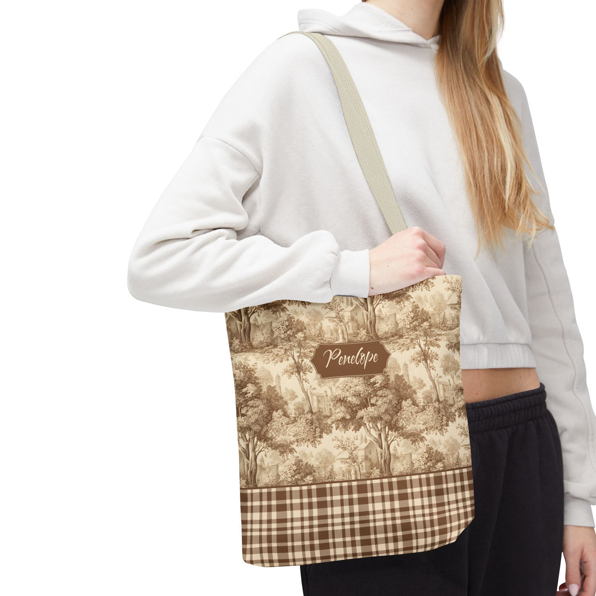 Personalized Market Tote -  Vintage Sepia Toile and Plaid Rustic Country Carryall