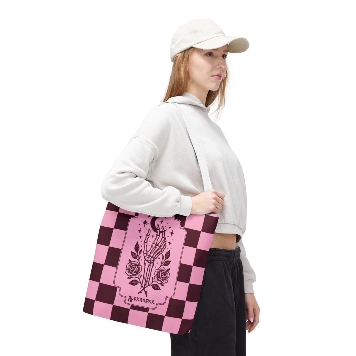 Personalizable Pink Checker Skeletal Hand Tote Bag — Gothic Moon and Roses Carryall