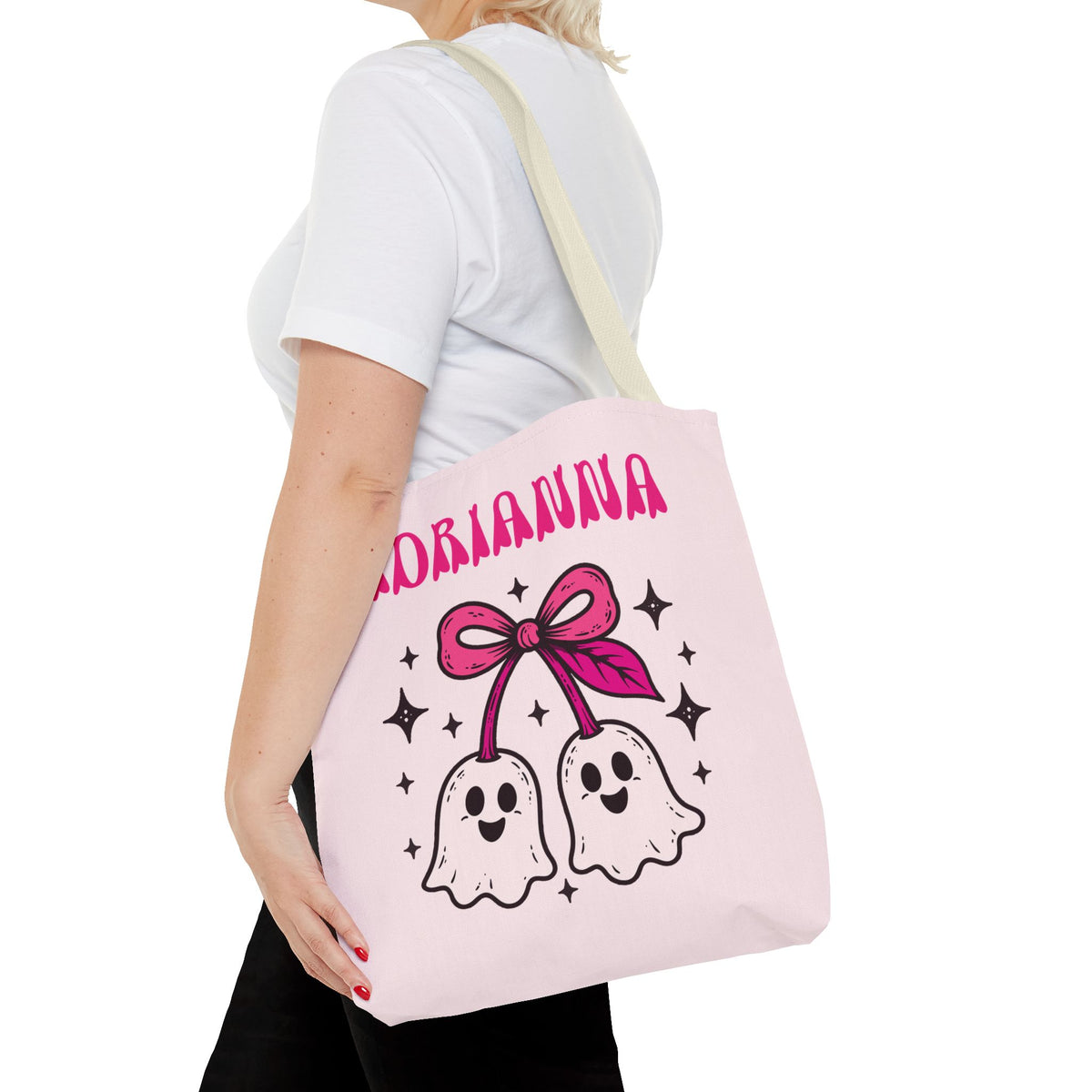 Pink Cute Ghost Cherries Tote Bag - "Spooky and a Cutie" Personalized Halloween Tote