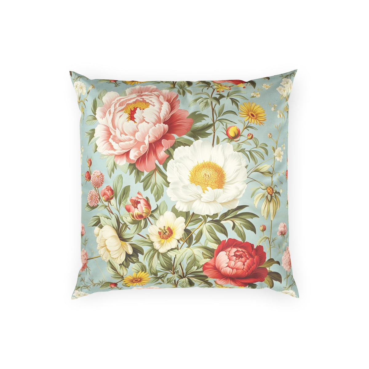 Velvet Floral Throw Pillow - Peonies and Daisies on Mint Vintage Decorative Pillow