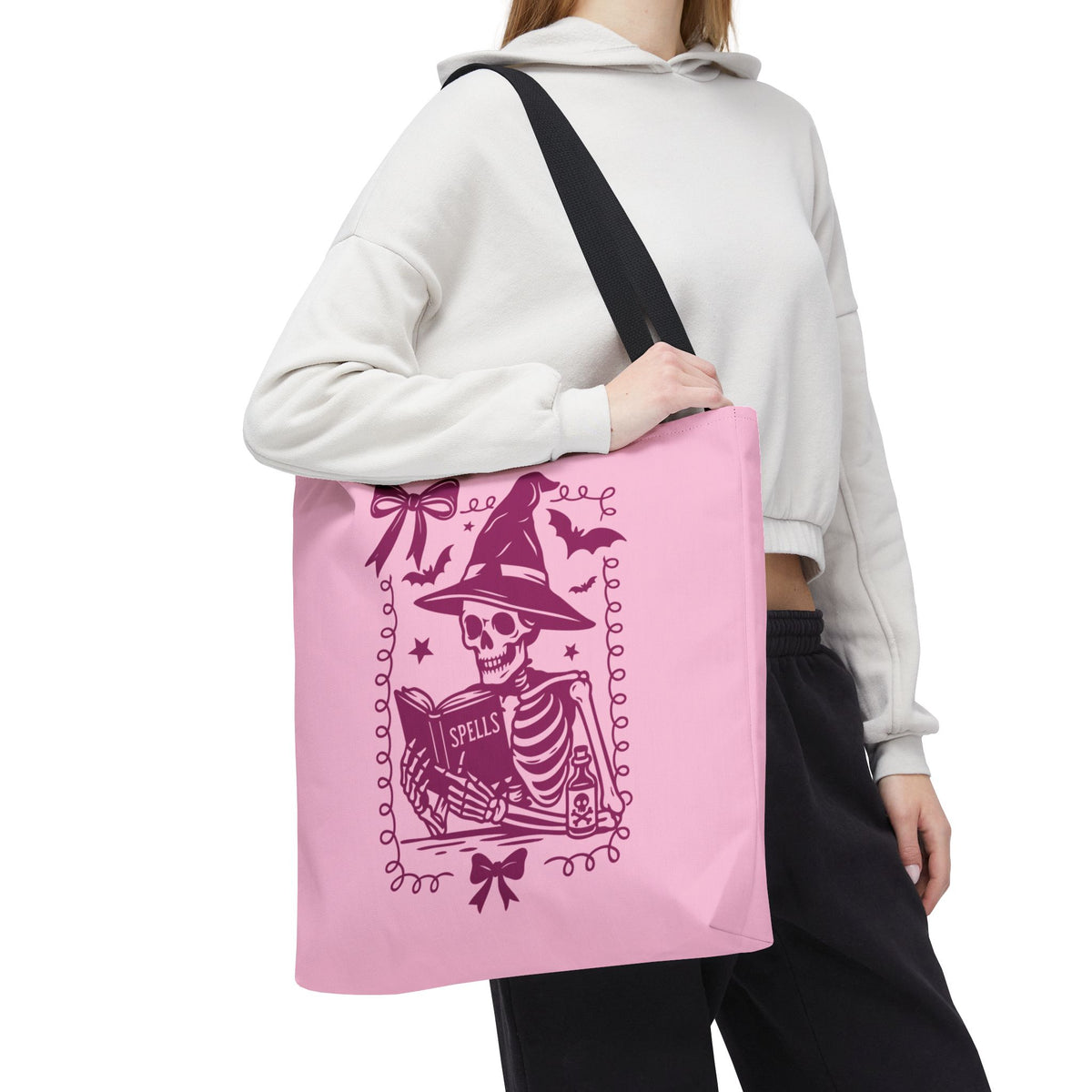 Pink Reading Witch Skeleton Tote Bag — Cute Coquette Frame Halloween Tote