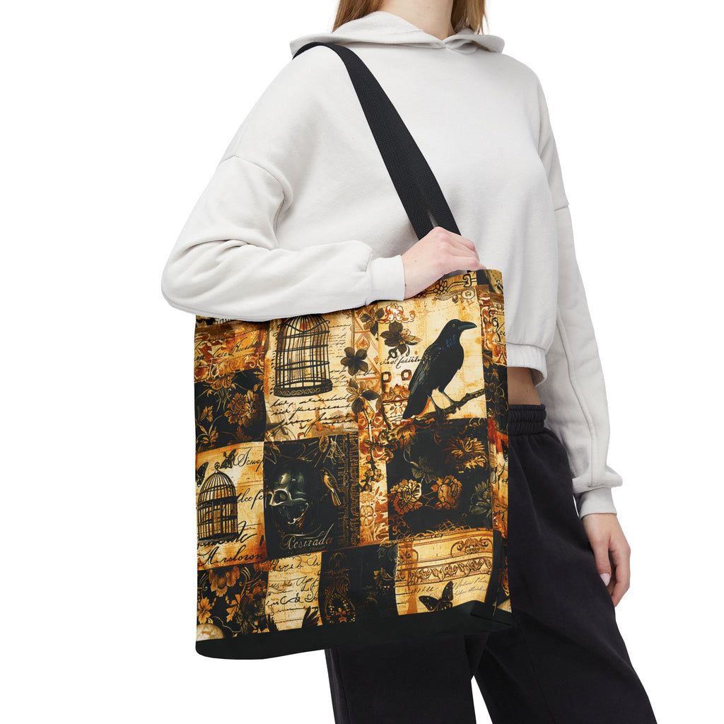 Gothic Raven Patchwork Tote Bag – Vintage Sepia and Black Collage Print