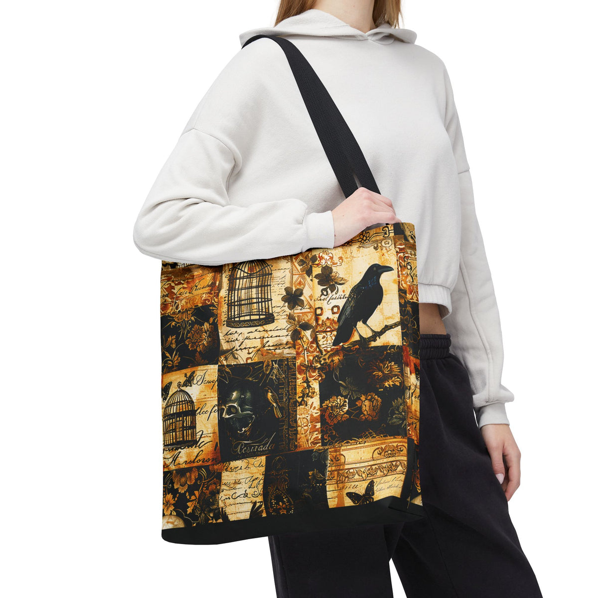 Gothic Raven Patchwork Tote Bag – Vintage Sepia and Black Collage Print