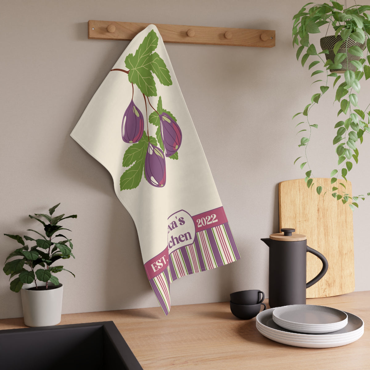 Personalized Fig Tea Towel — Fruit Striped Kitchen Towel