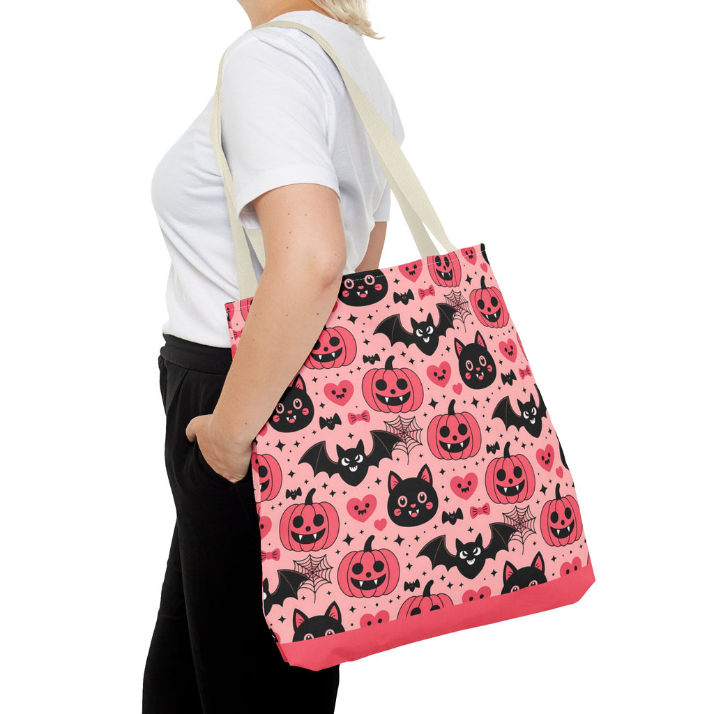Cute Halloween Trick or Treat Tote Bag  - Pink Pumpkins, Black Cats and Bats Candy Carryall