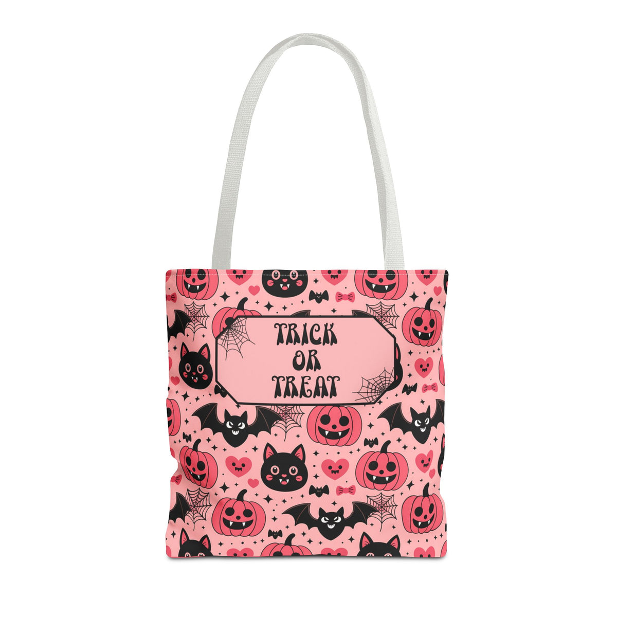 Pink Halloween Trick or Treat Bag  -Personalizable Carryall with Cute Cats, Bats and Jack-O'-Lanterns