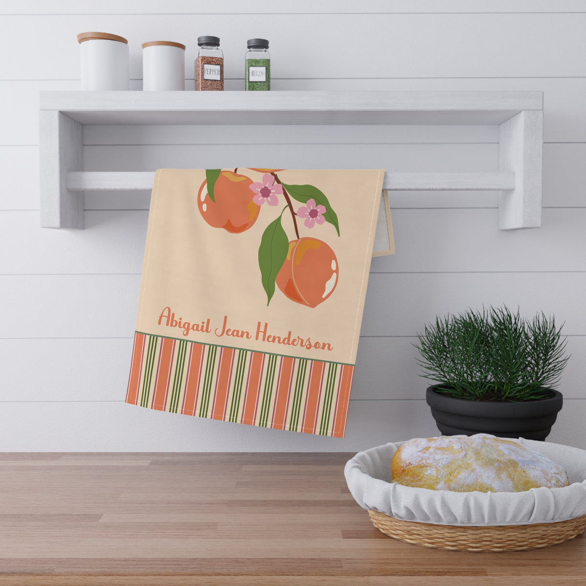 Personalized Peach Striped Tea Towel -Name and Monogram Kitchen Towel