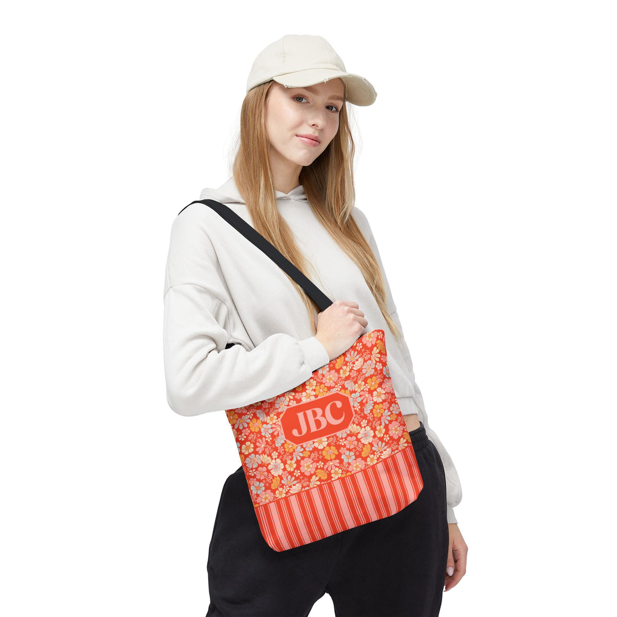 Personalizable Floral Striped Tote Bag - Orange Retro Blossom Tote