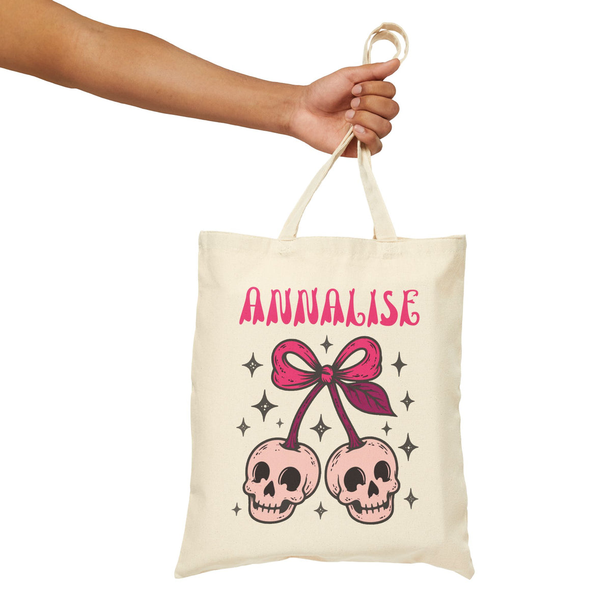 Pink Smiling Skull Cherry Bag - Personalizable Trick or Treat Canvas Tote