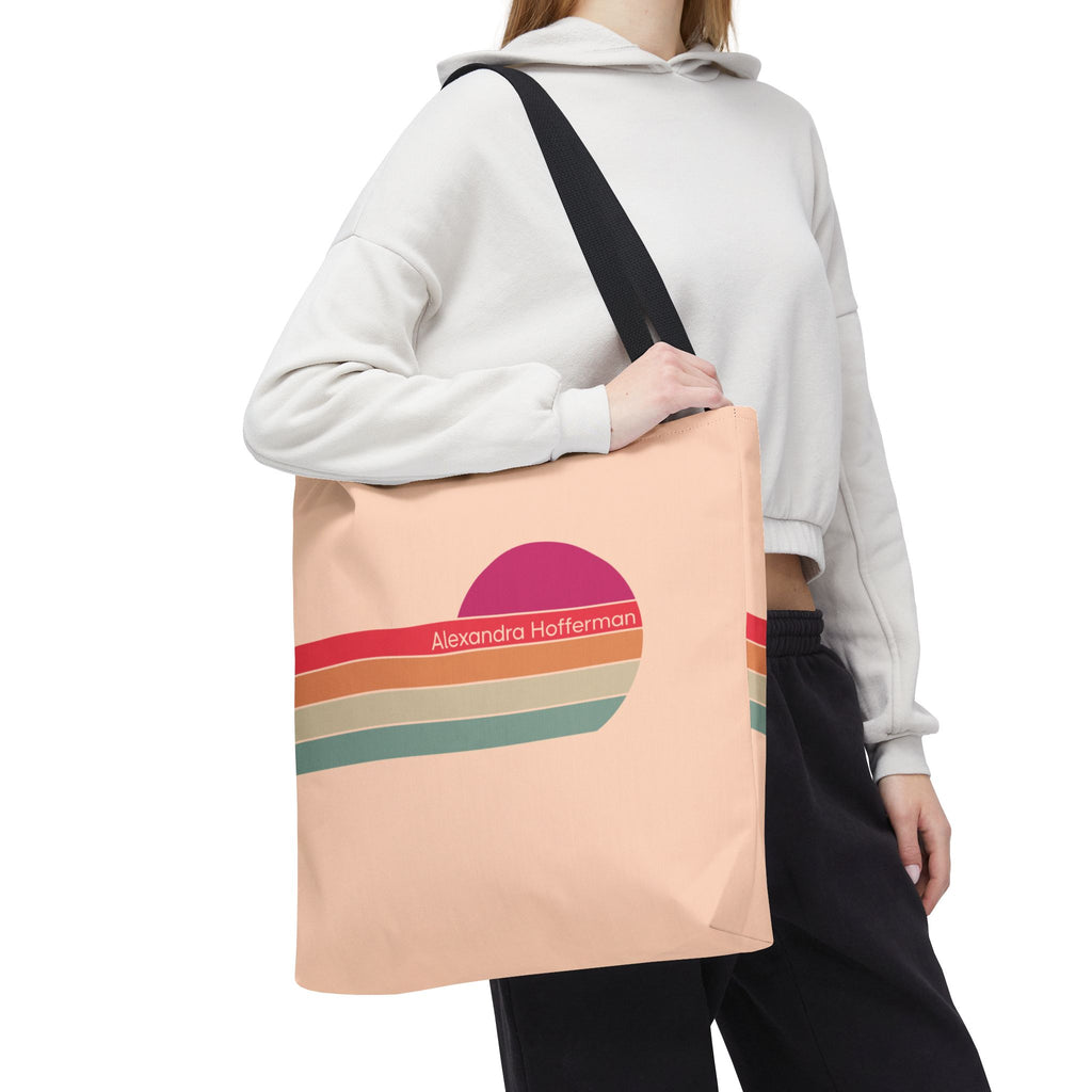 Personalizable Retro Sunset Tote Bag — Pastel Stripes Beach Vibe Carryall