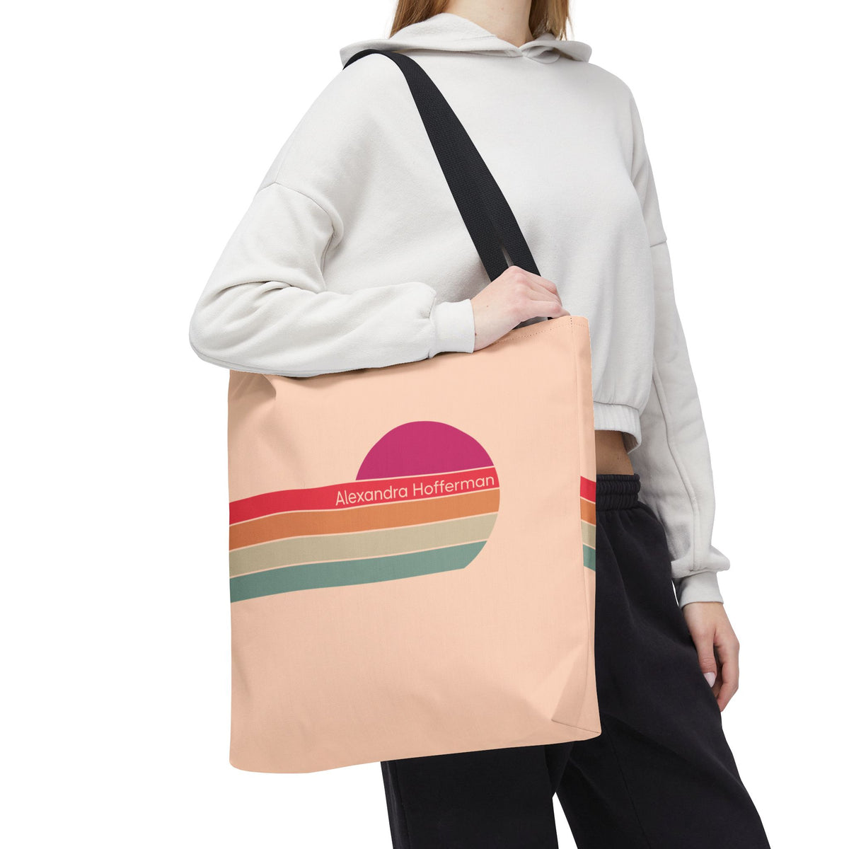 Personalizable Retro Sunset Tote Bag — Pastel Stripes Beach Vibe Carryall