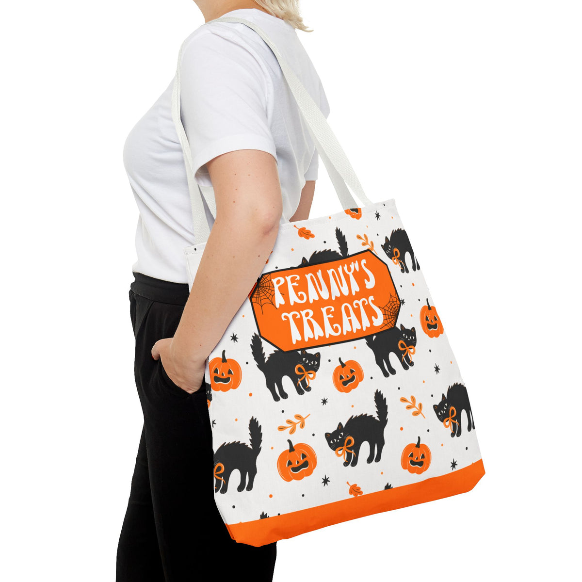 Cute Black Cats and Pumpkins Carryall -Personalized Halloween Trick or Treat Tote Bag