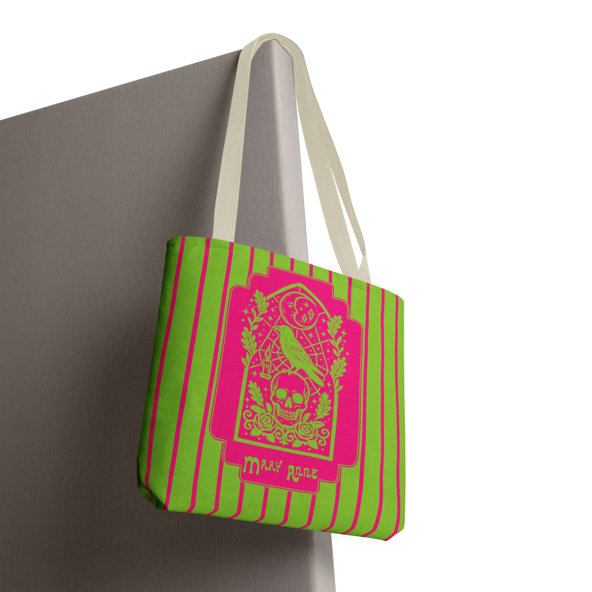 Neon Gothic Raven and Skull Tote Bag - Personalizable Pink and Green Retro Goth Carryall