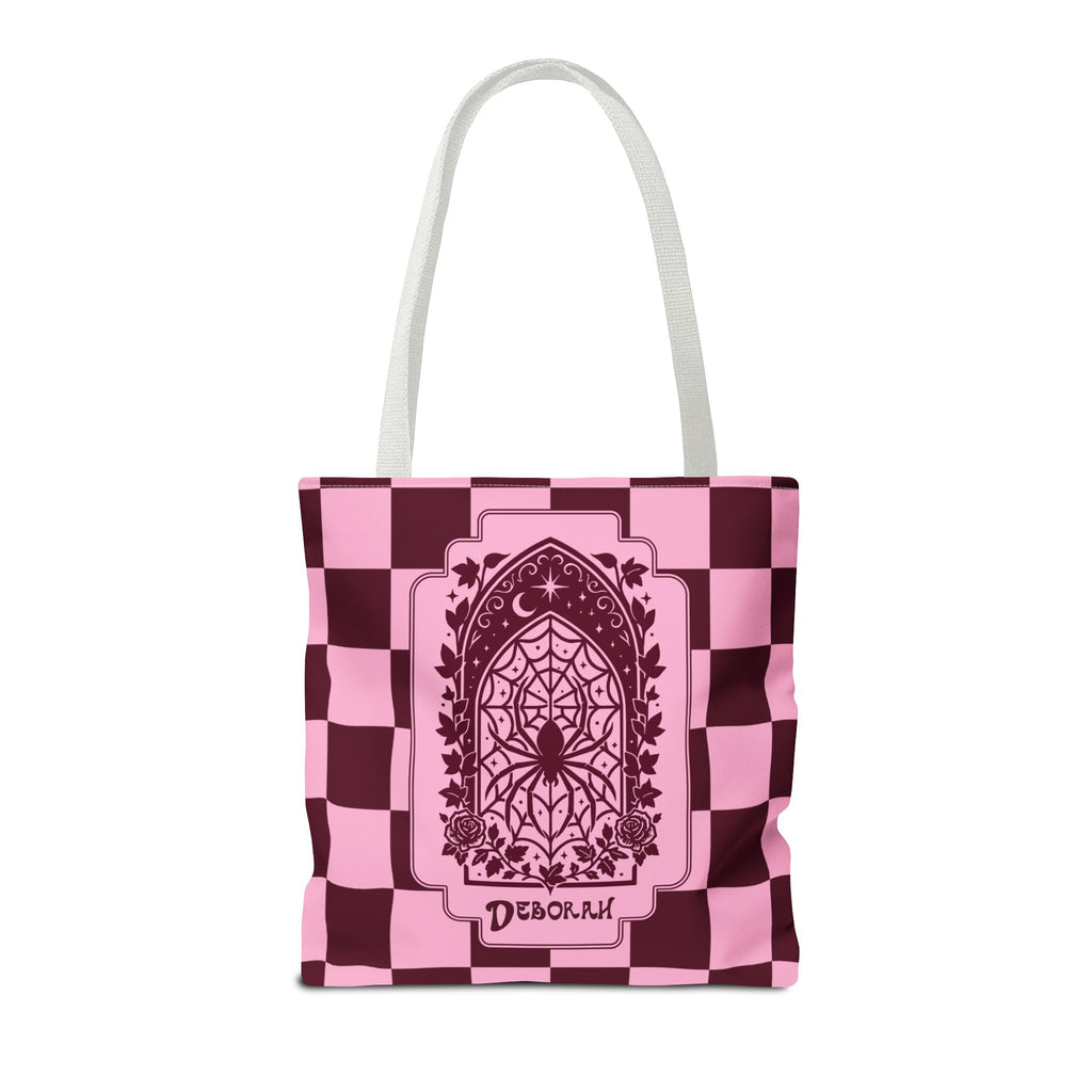 Personalizable Pink and Burgundy Retro Goth Tote with Mystic Spider Stained Glass Design