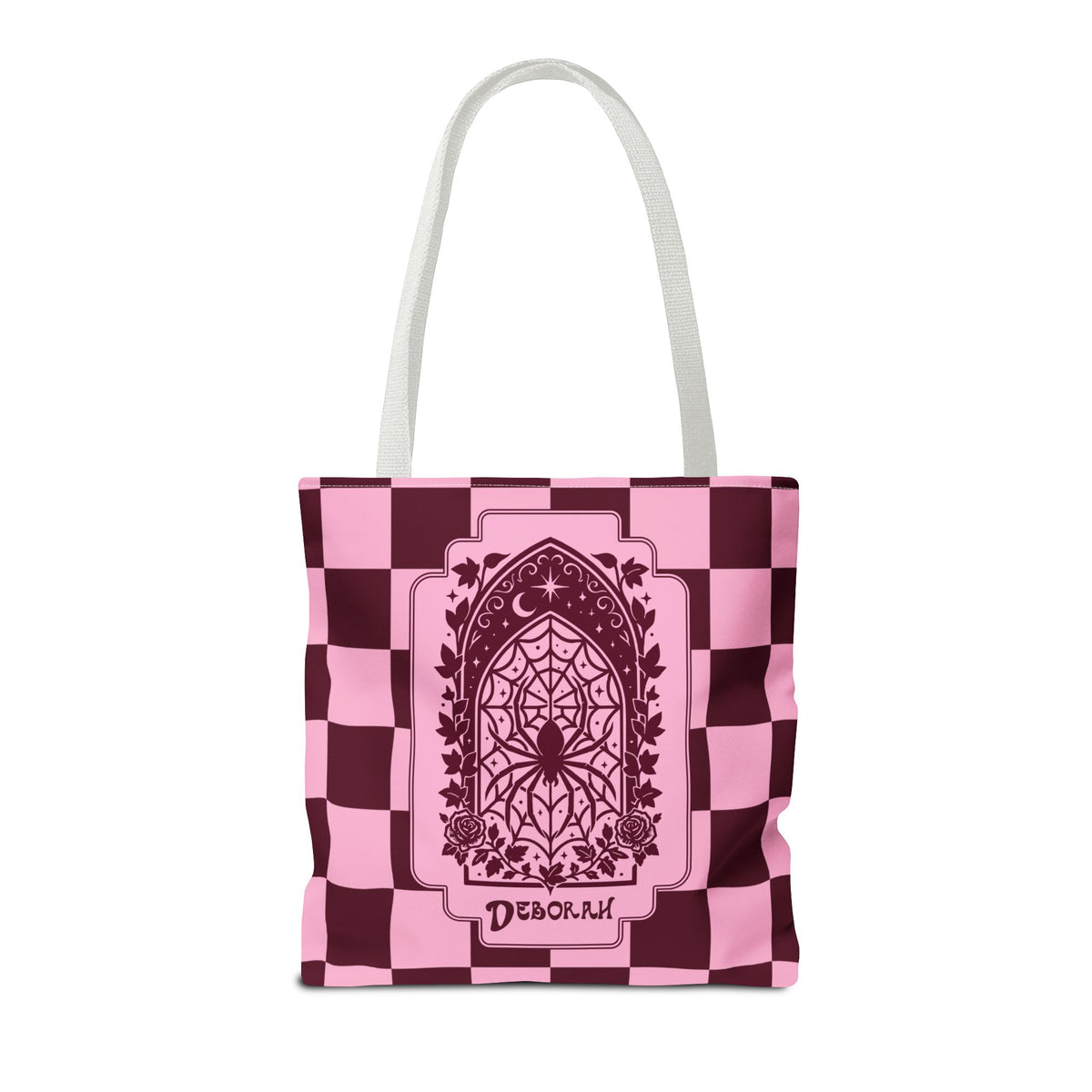 Personalizable Pink and Burgundy Retro Goth Tote with Mystic Spider Stained Glass Design