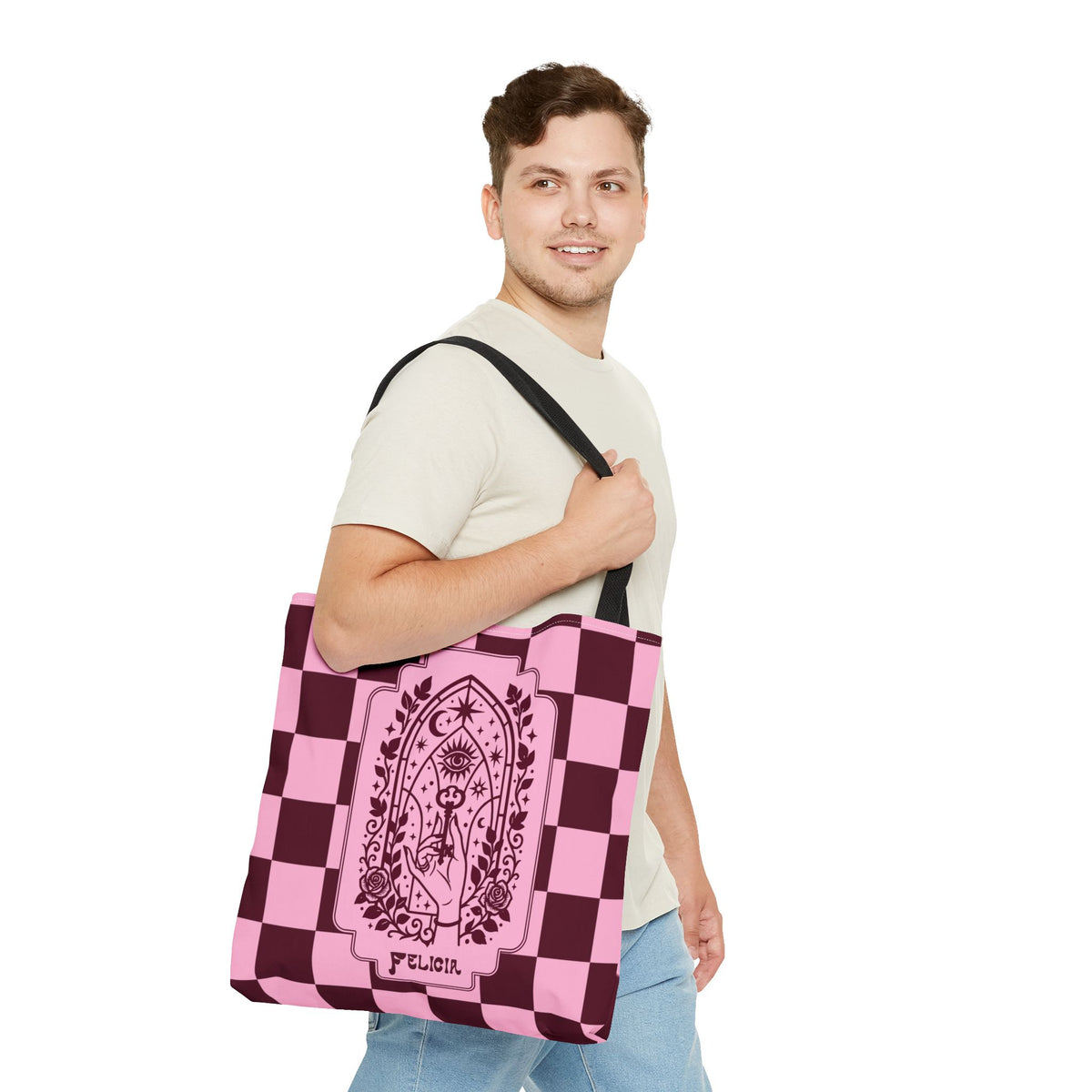 Personalizable Mystic Hand with Key Checkerboard Tote Bag – Pink and Burgundy Retro Goth Carryall