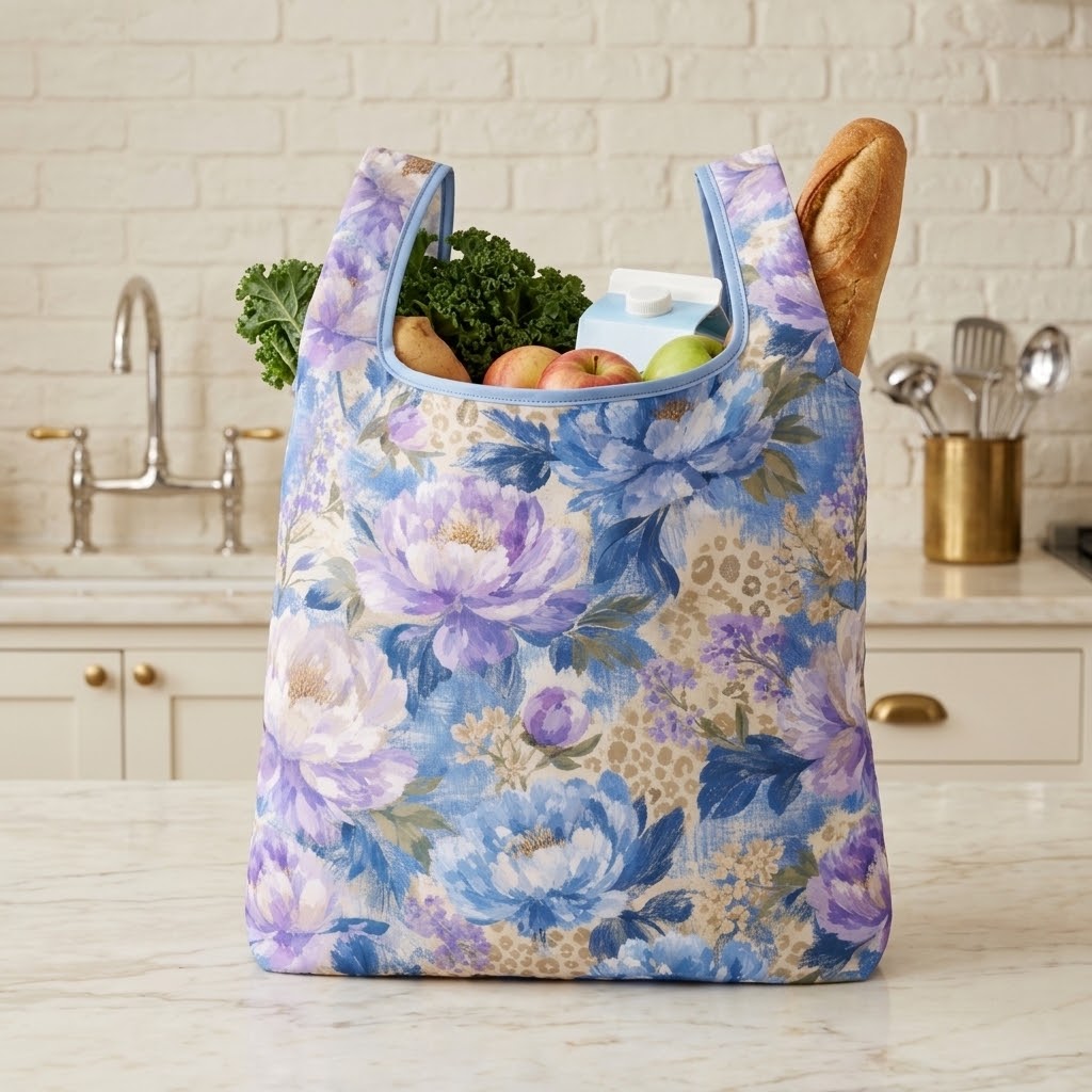A reusable shopping bag with a blue, purple, and beige floral print sits on a kitchen counter, filled with groceries including a loaf of bread, greens, and fruit. A white brick wall and kitchen cabinets are visible in the background.