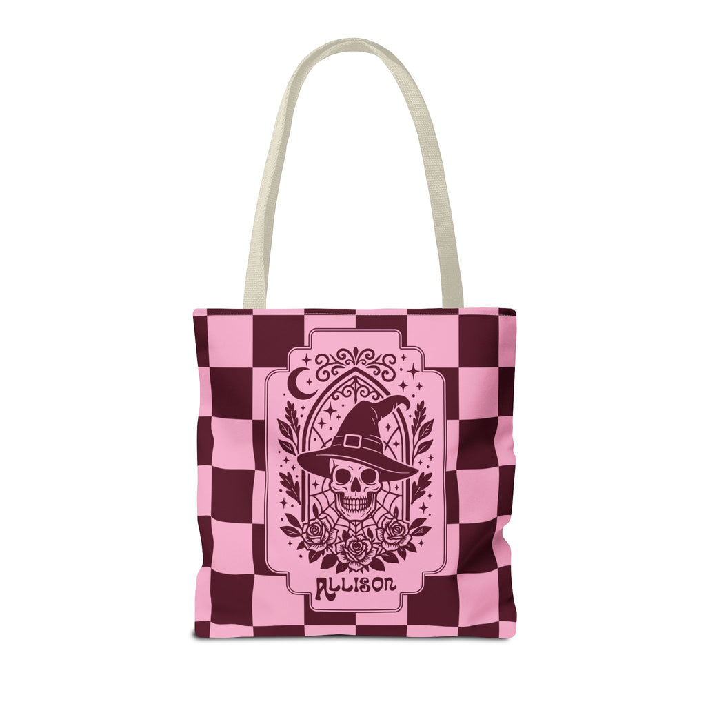 Pink Spooky Checkerboard Carryall - Gothic Witch Skull Personalizable Tote