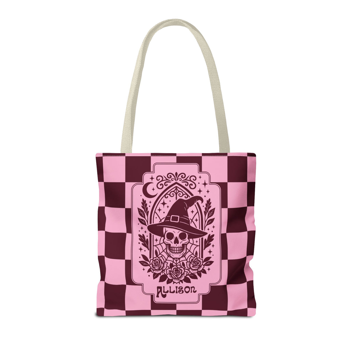 Pink Spooky Checkerboard Carryall - Gothic Witch Skull Personalizable Tote