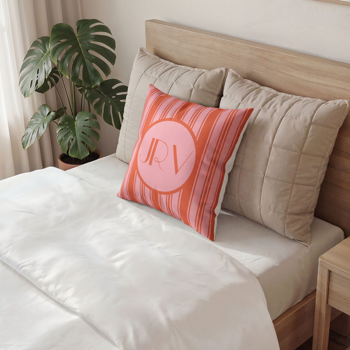Personalizable Velvet Pillow - Pink and Orange Ticking Stripe Monogram Decorative Pillow