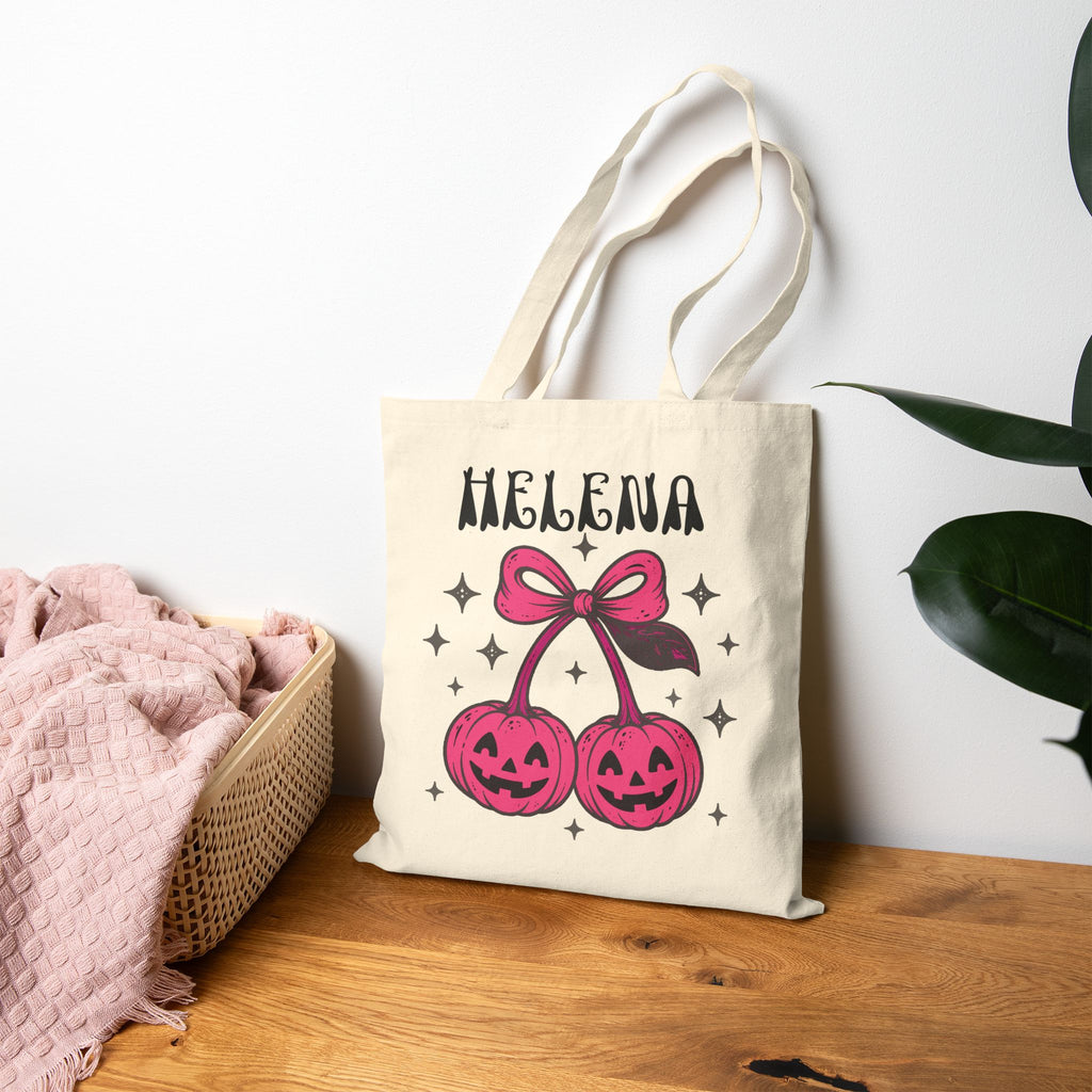 Spooky Cherry Jack-O'-Lantern Trick or Treat Bag - Cute Personalized Halloween Canvas Tote