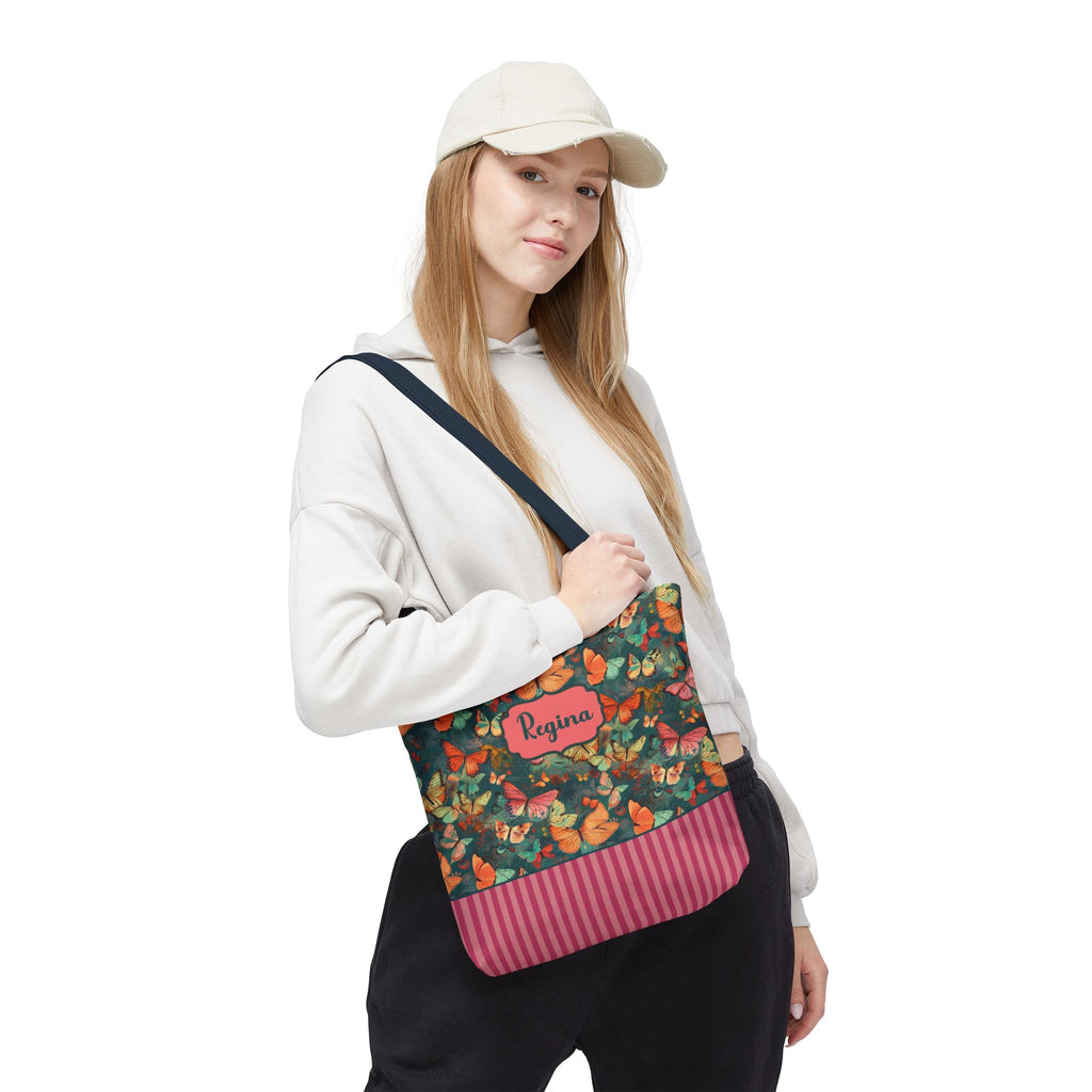 Personalizable Girly Handwriting Bag - Dreamy Butterfly Striped Tote
