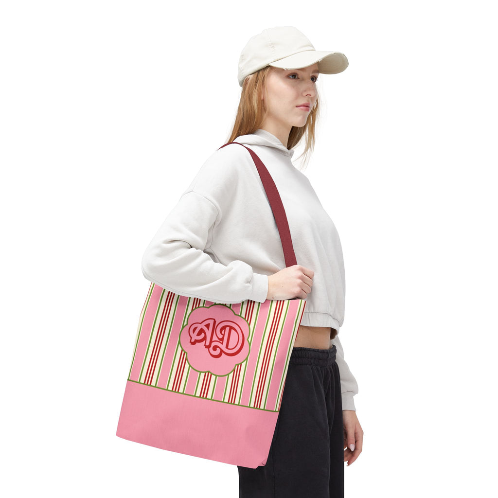 Customizable Striped Pink Tote Bag – Vintage Strawberry Stripe Monogram Tote Bag