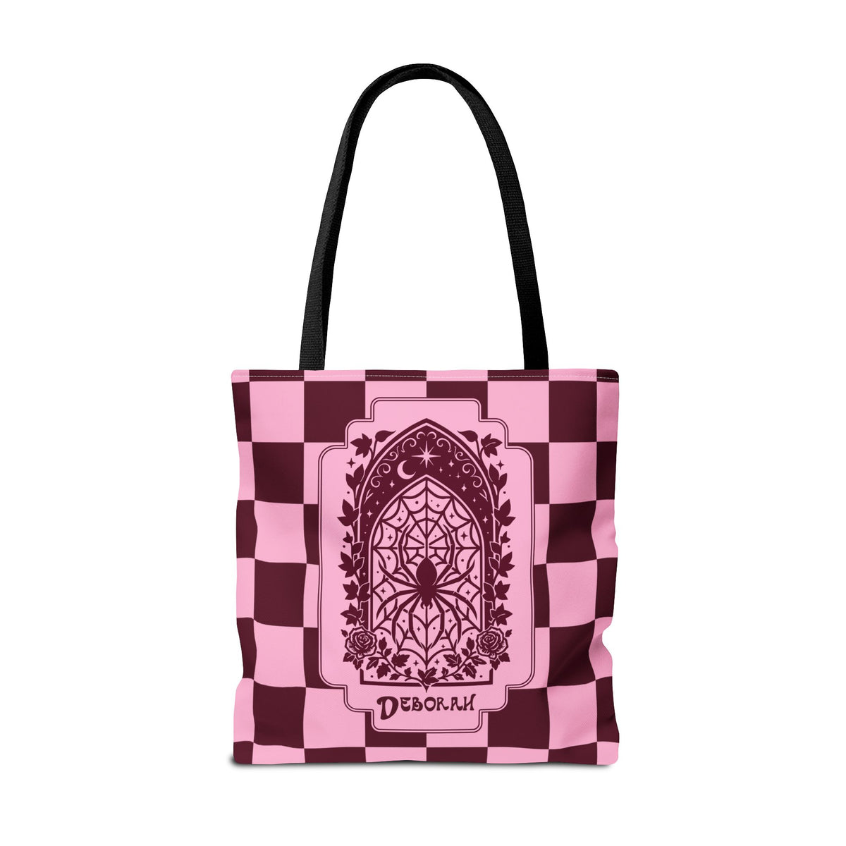 Personalizable Pink and Burgundy Retro Goth Tote with Mystic Spider Stained Glass Design