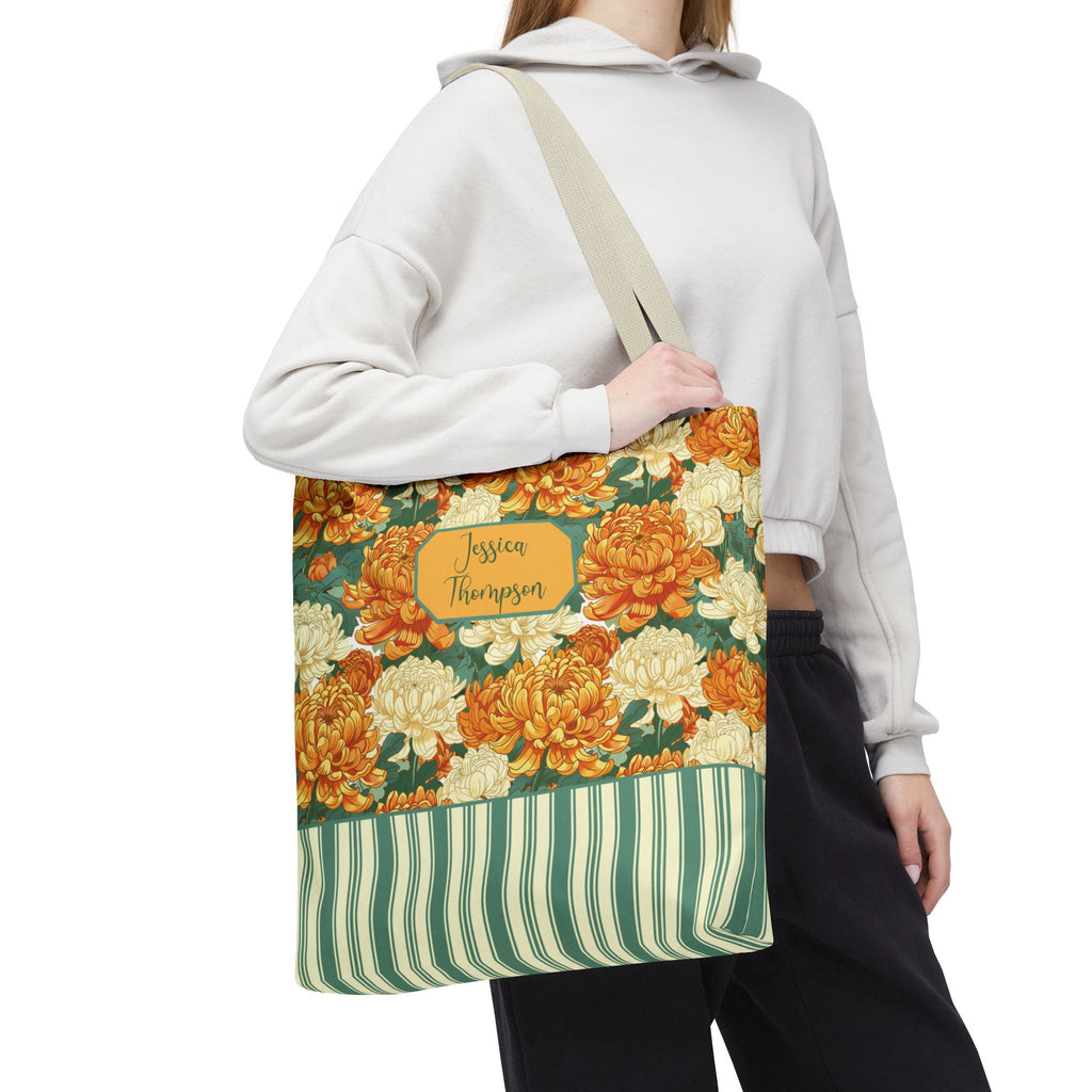 Personalizable Vintage Floral Stripe Tote Bag – Cream and Orange Chrysanthemums Tote