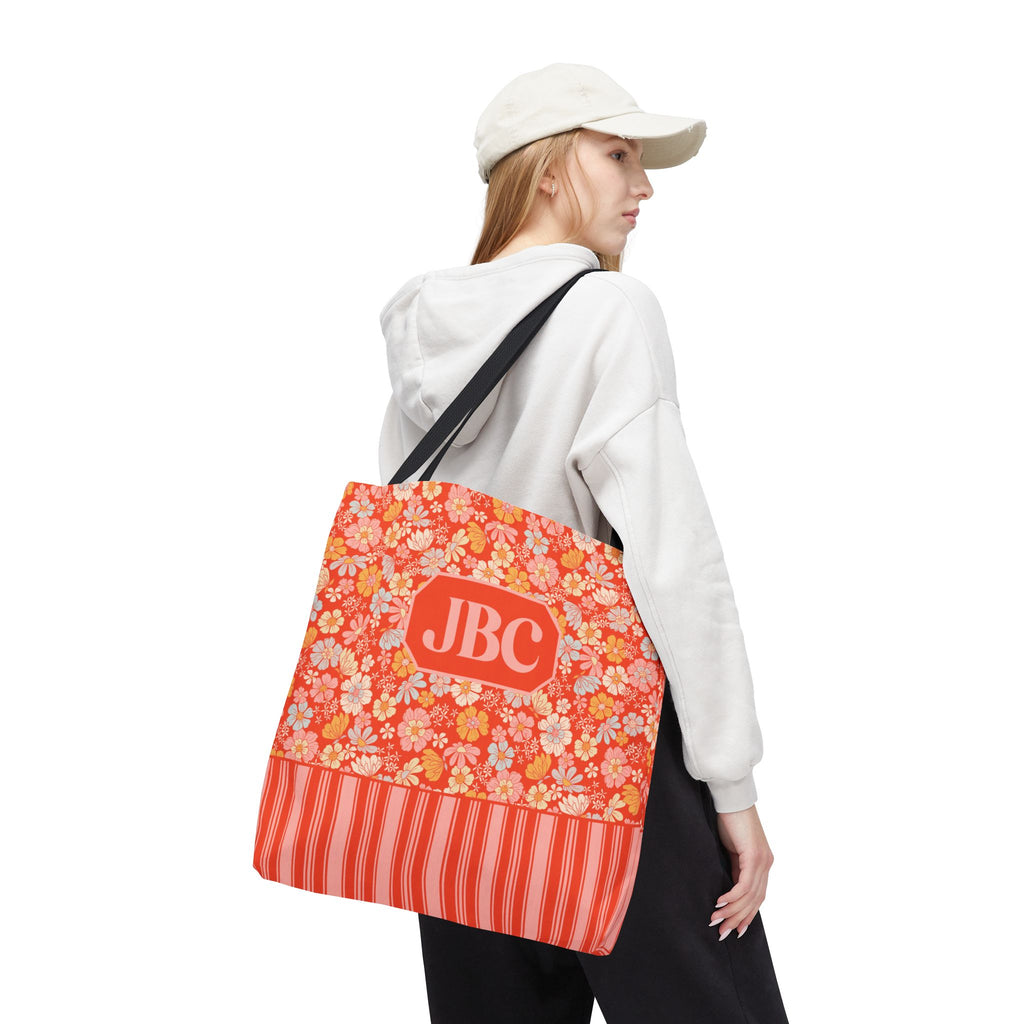 Personalizable Floral Striped Tote Bag - Orange Retro Blossom Tote