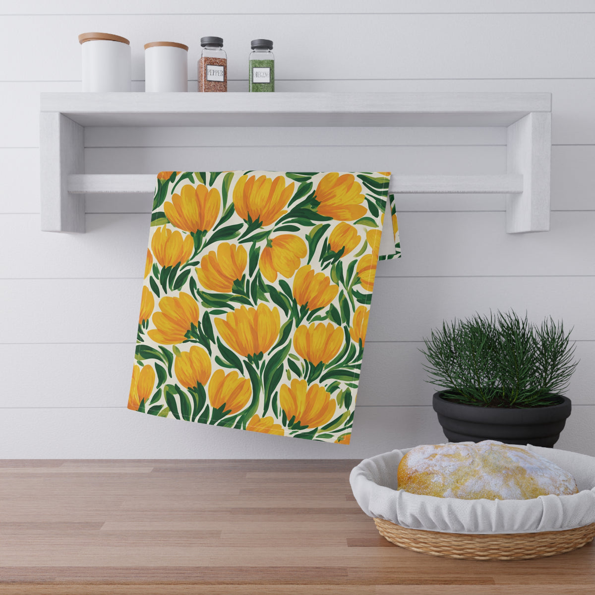 Floral Decorative Towel - Vivid Yellow Tulips Spring Tea Towel