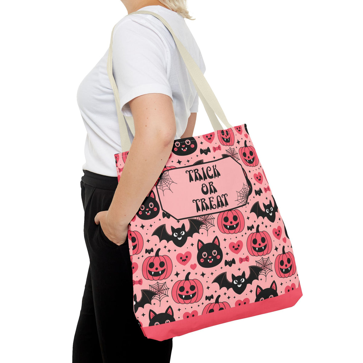 Pink Halloween Trick or Treat Bag  -Personalizable Carryall with Cute Cats, Bats and Jack-O'-Lanterns