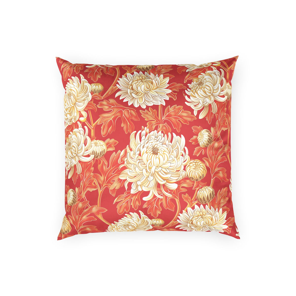 Elegant Floral Velvet Pillow - Cream Chrysanthemums on Vermillion Decorative Pillow