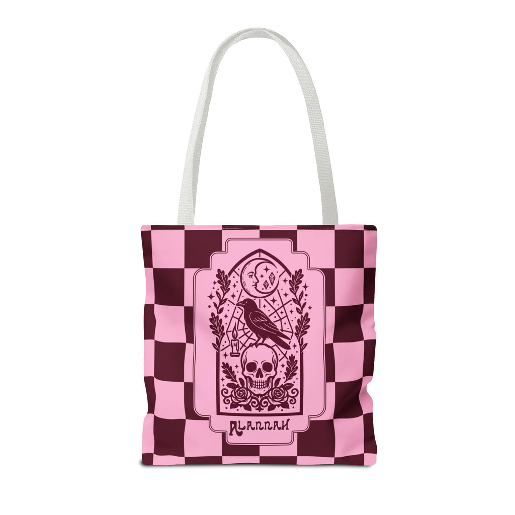 Gothic Raven and Skull Checkerboard Tote Bag - Personalizable Pink Retro Goth Carryall