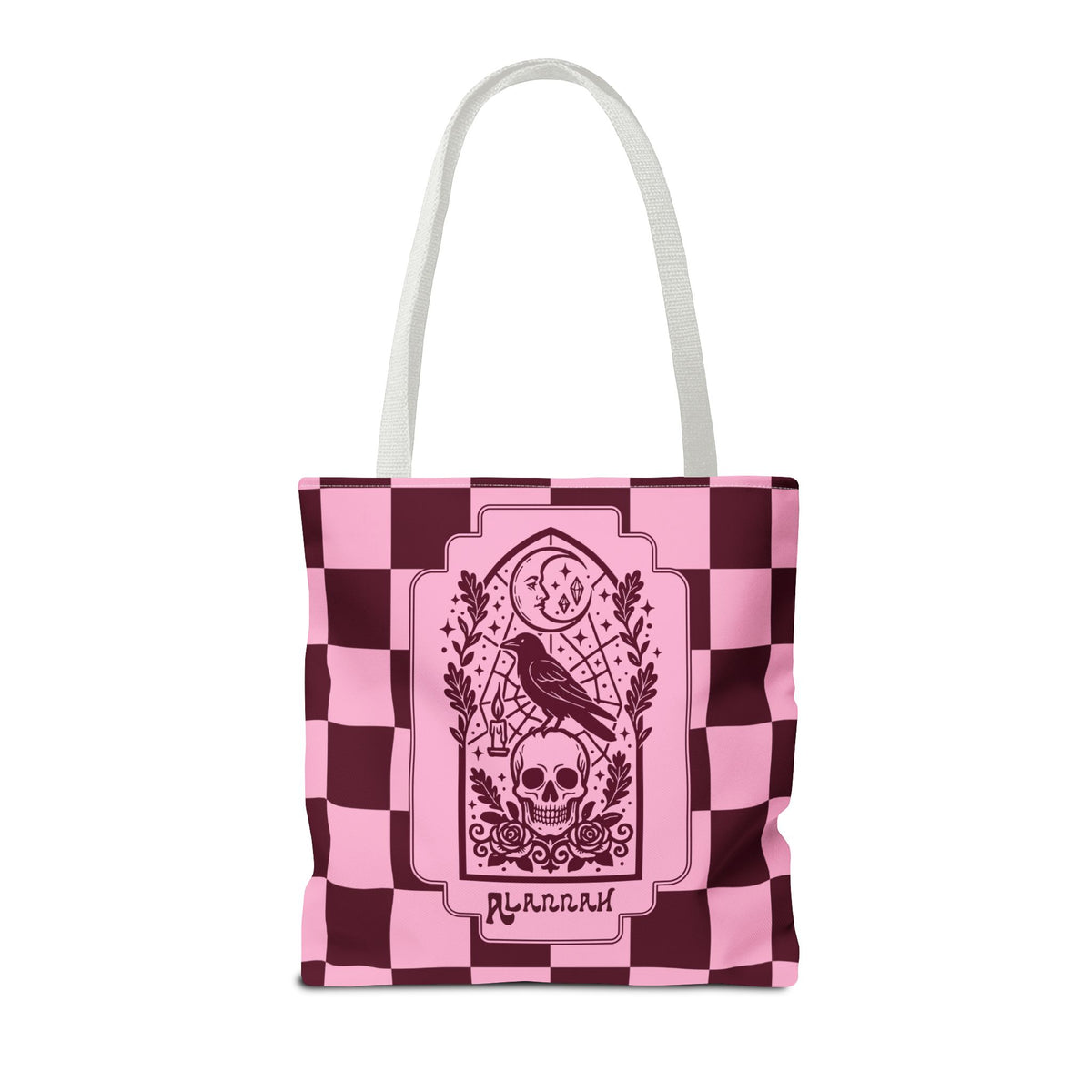 Gothic Raven and Skull Checkerboard Tote Bag - Personalizable Pink Retro Goth Carryall