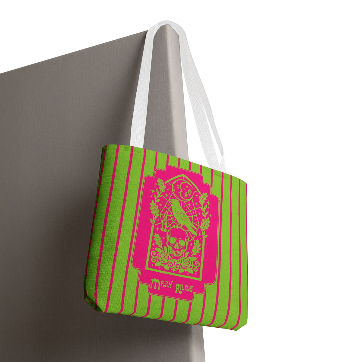 Neon Gothic Raven and Skull Tote Bag - Personalizable Pink and Green Retro Goth Carryall