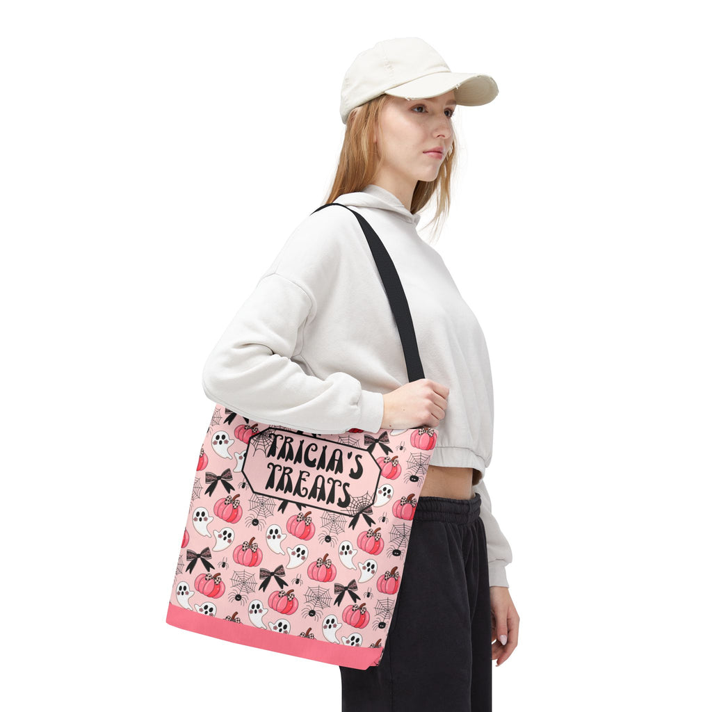 Pink Pumpkin Halloween Tote Bag - Cute Ghosts and Bows Personalizable Trick or Treat Bag
