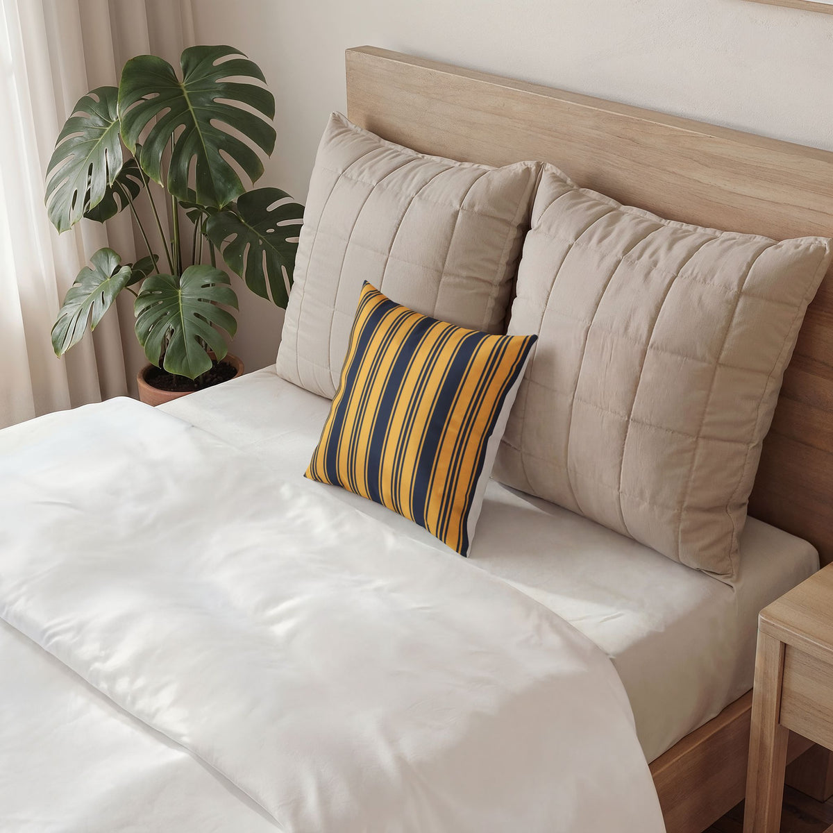 Elegant Velvet Throw Pillow - Modern Blue and Gold Ticking Stripe Pillow