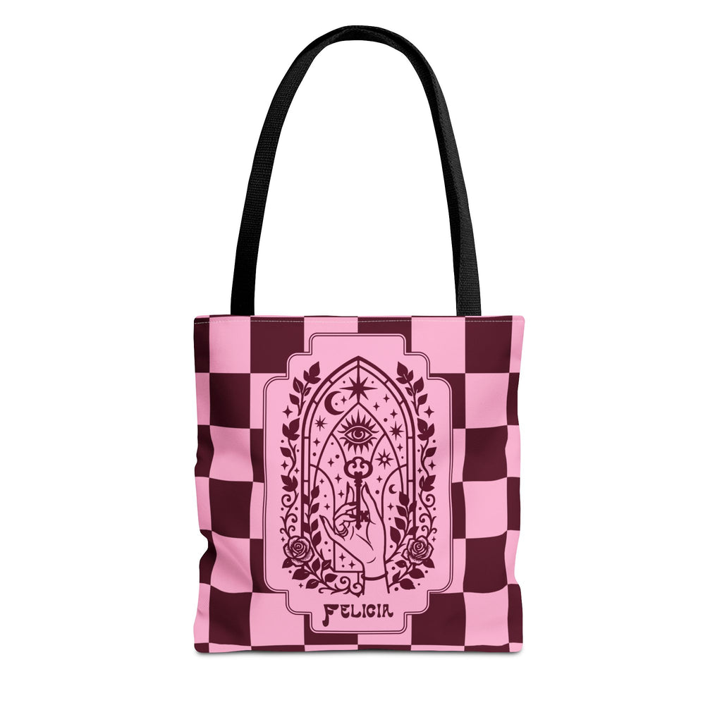 Personalizable Mystic Hand with Key Checkerboard Tote Bag – Pink and Burgundy Retro Goth Carryall