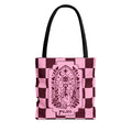 Personalizable Mystic Hand with Key Checkerboard Tote Bag – Pink and Burgundy Retro Goth Carryall