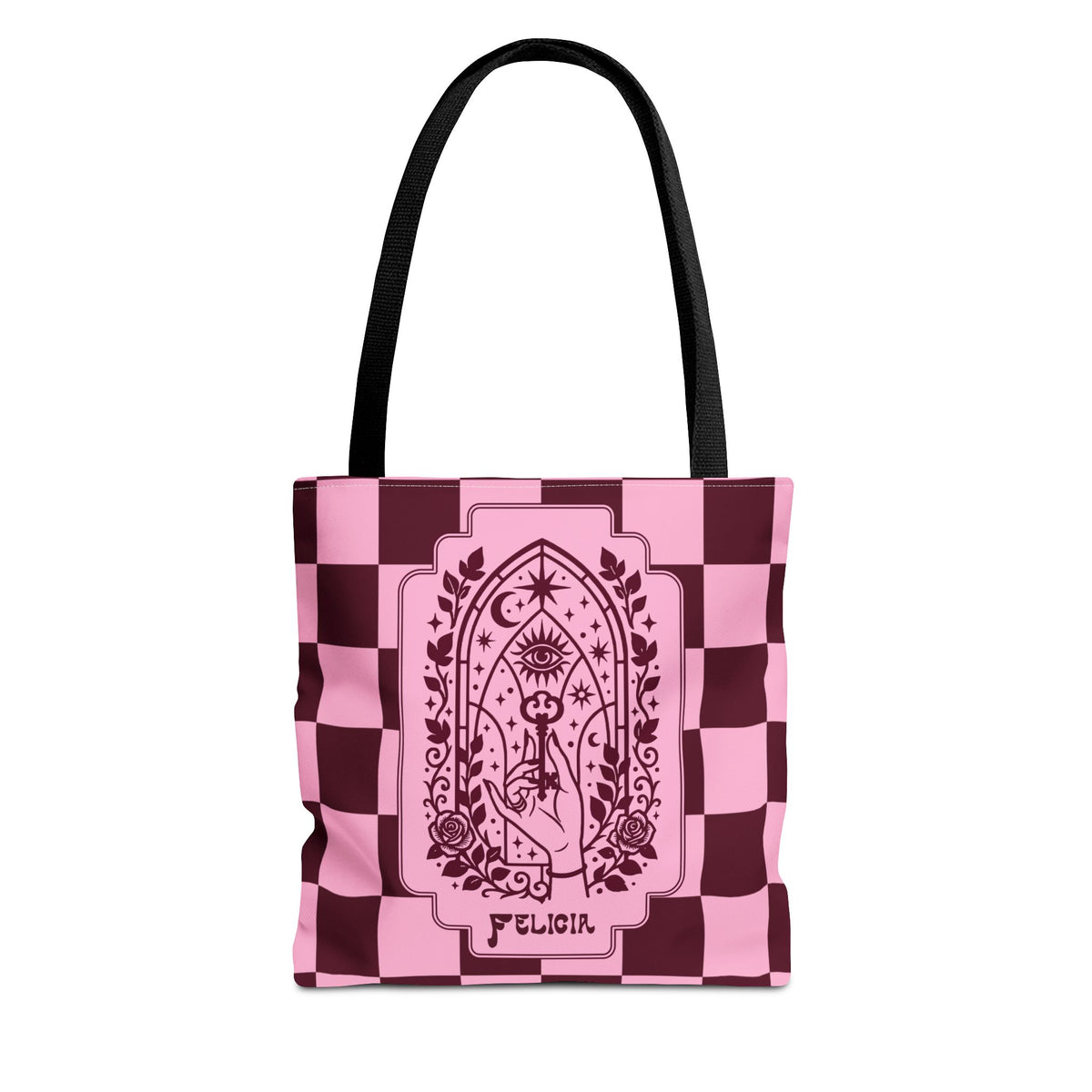 Personalizable Mystic Hand with Key Checkerboard Tote Bag – Pink and Burgundy Retro Goth Carryall