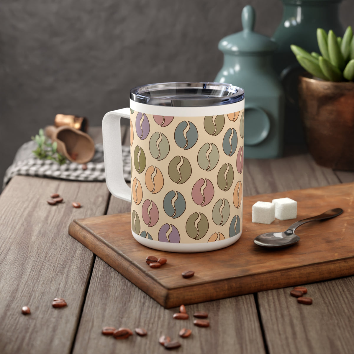 Colorful Coffee Bean Vibes Insulated Mug in Cream