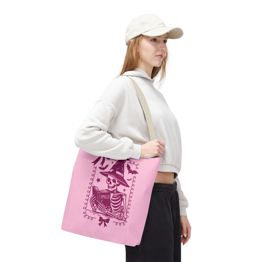 Pink Reading Witch Skeleton Tote Bag — Cute Coquette Frame Halloween Tote