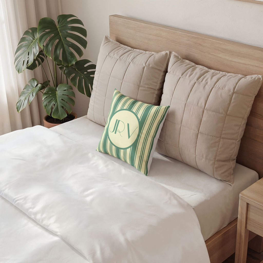 Vintage Striped Monogram Pillow - Mint and Cream Ticking Stripe Velvet Pillow