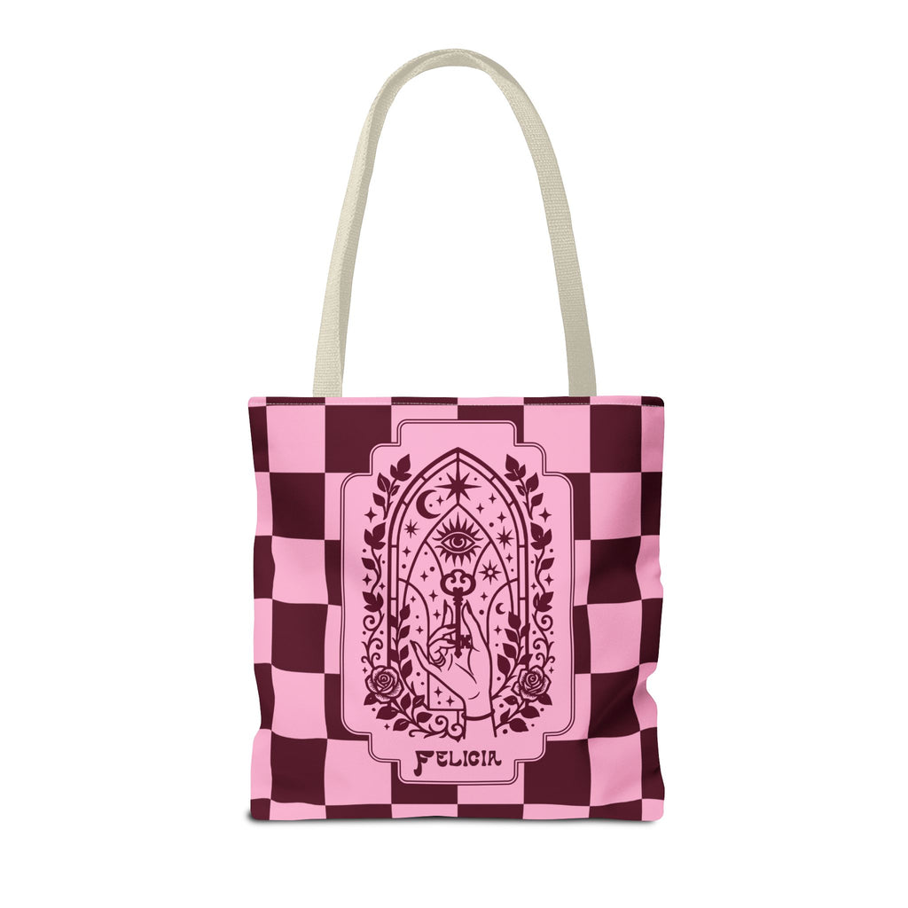 Personalizable Mystic Hand with Key Checkerboard Tote Bag – Pink and Burgundy Retro Goth Carryall