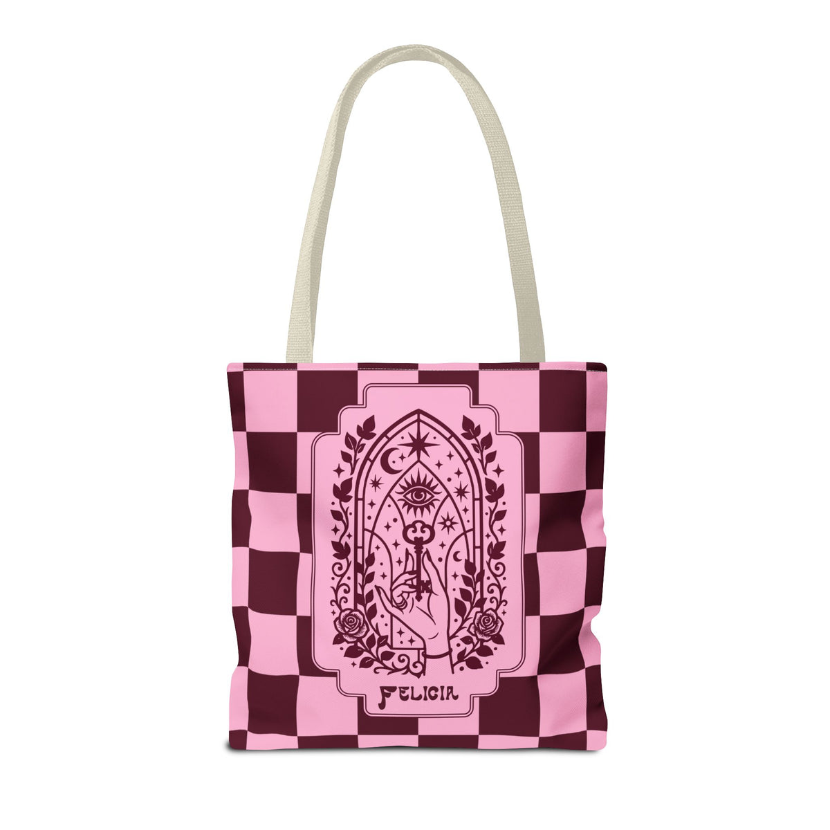 Personalizable Mystic Hand with Key Checkerboard Tote Bag – Pink and Burgundy Retro Goth Carryall