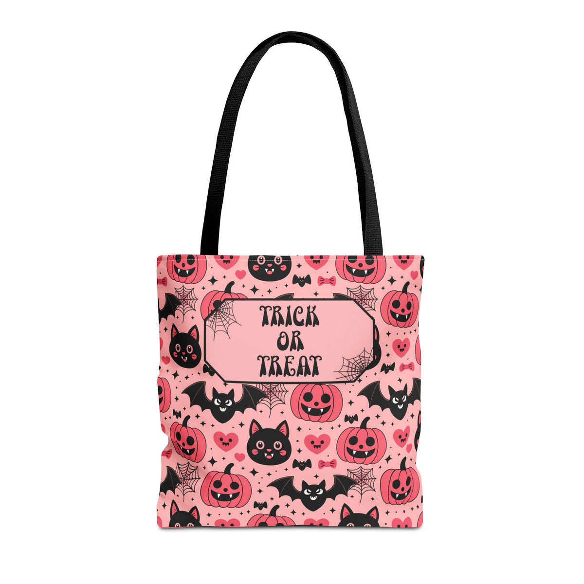 Pink Halloween Trick or Treat Bag  -Personalizable Carryall with Cute Cats, Bats and Jack-O'-Lanterns